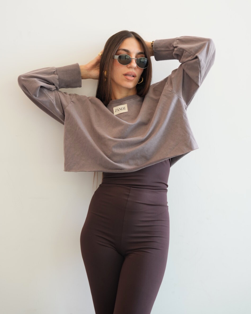 ZFW2636-BROWN Dua long sleeve crop top - Image 1
