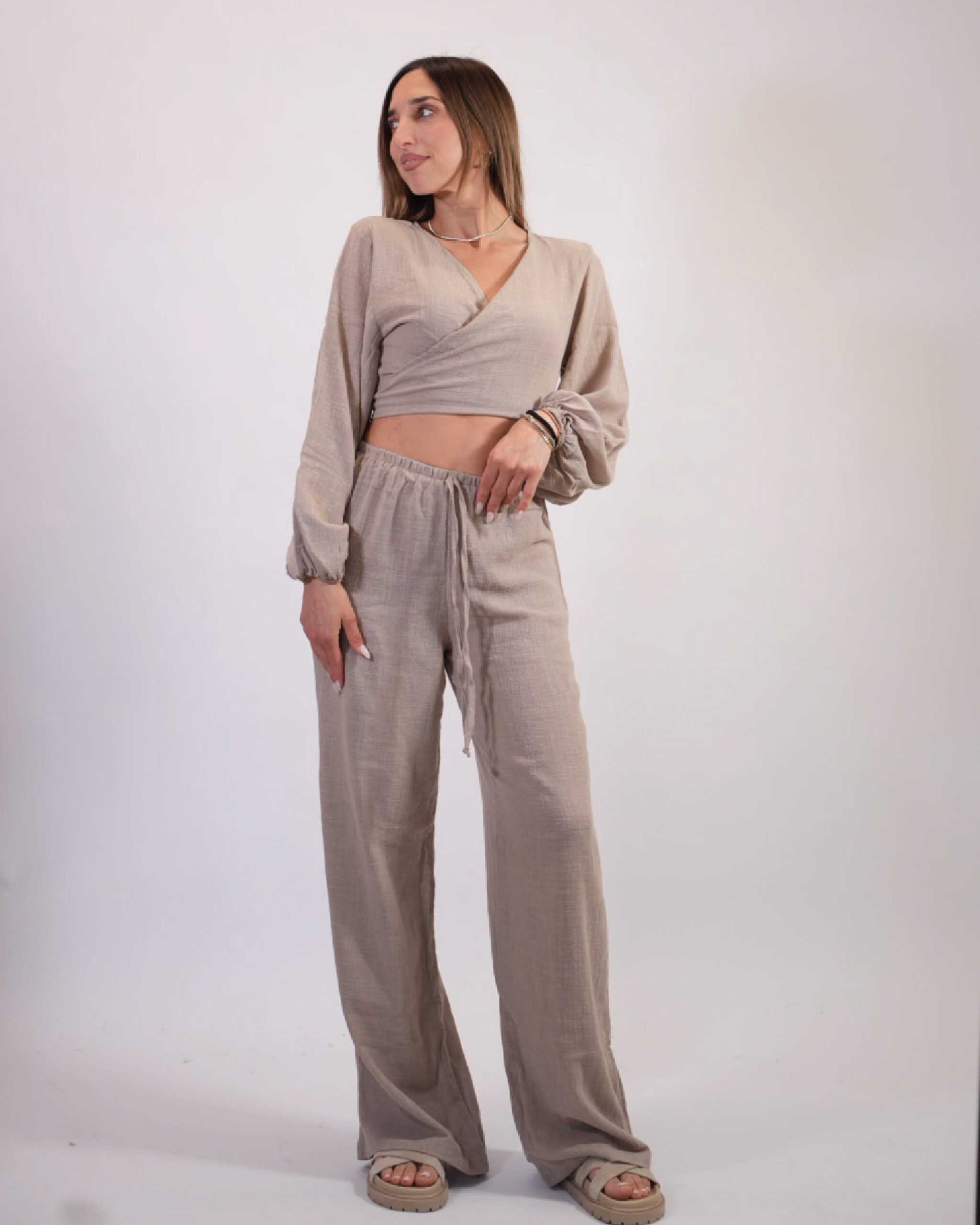 AN135-BEIGE Ilaria linen pants set - Image 1