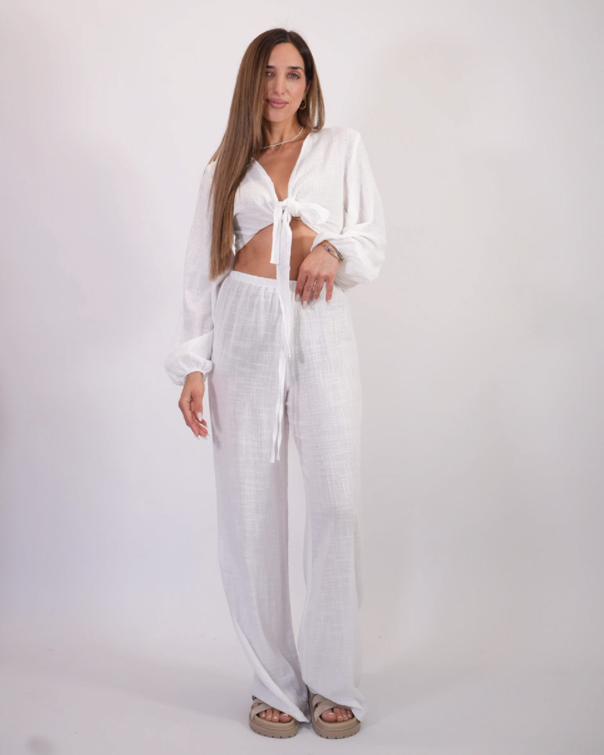 AN135-WHITE Ilaria linen pants set - Image 1